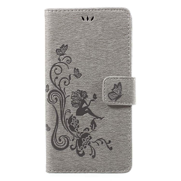 Imprint Fairy Butterfly and Flower Leather Wallet Stand Case for Sony Xperia L1 - Grey-2