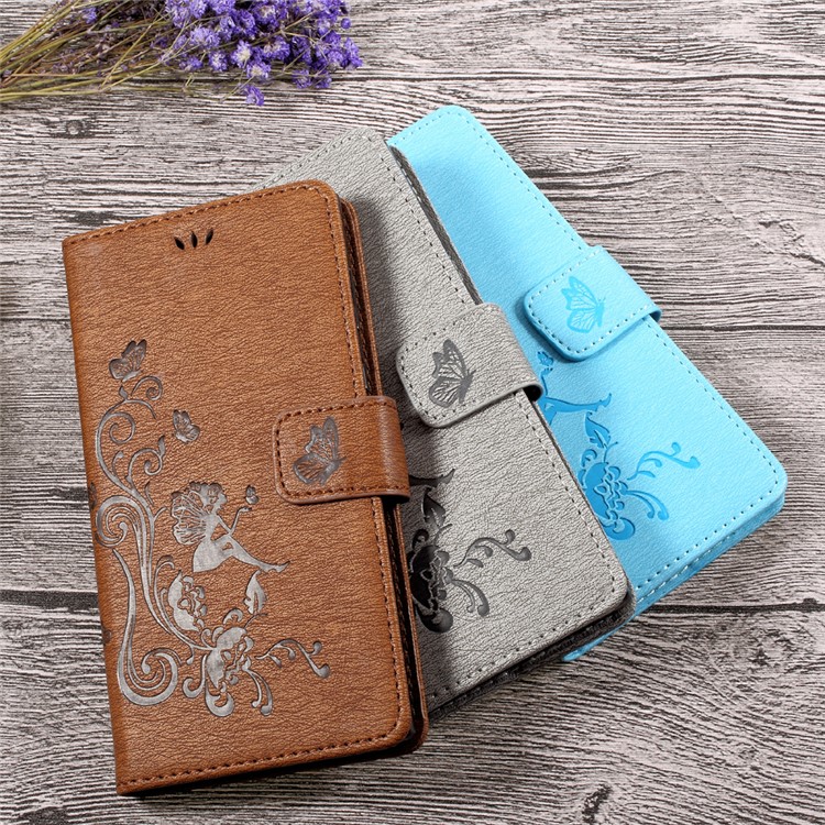 Imprint Fairy Butterfly and Flower Leather Wallet Stand Case for Sony Xperia L1 - Grey-6