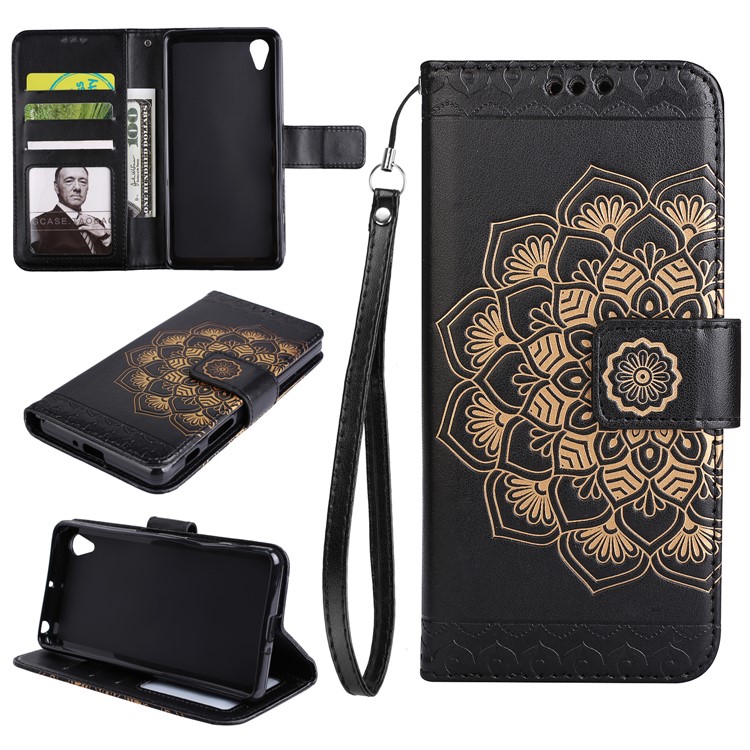 Imprinted Mandala Pattern PU Leather Wallet Case with Stand for Sony Xperia XA/XA Dual - Black-1