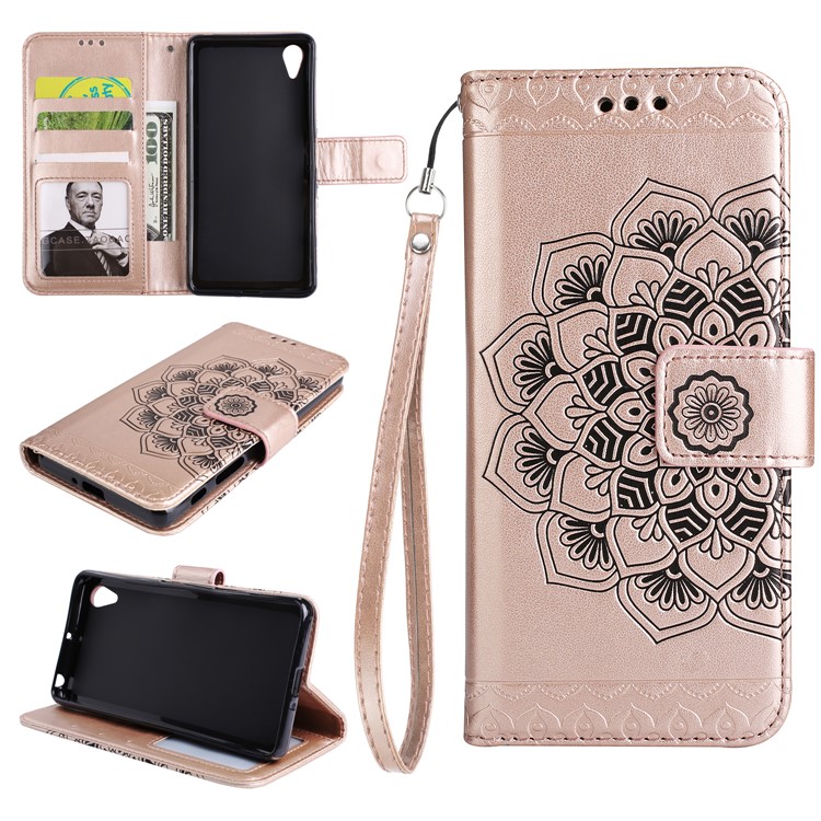 Aufgedrucktes Mandala Pattern PU Leder Geldbörse Mobile Schutzhülle mit Ständer für Sony Xperia XA1 - Aufgang Gold-1