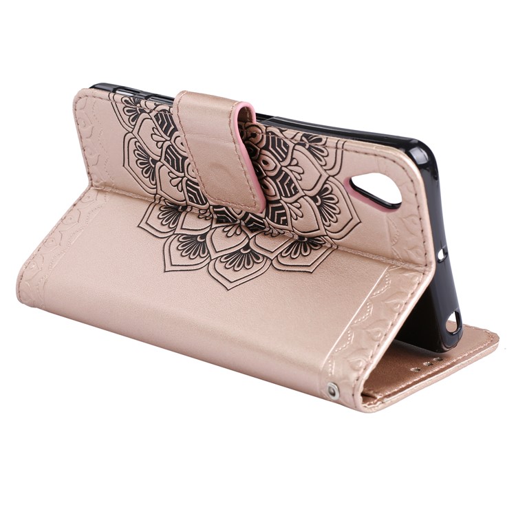 Aufgedrucktes Mandala Pattern PU Leder Geldbörse Mobile Schutzhülle mit Ständer für Sony Xperia XA1 - Aufgang Gold-7