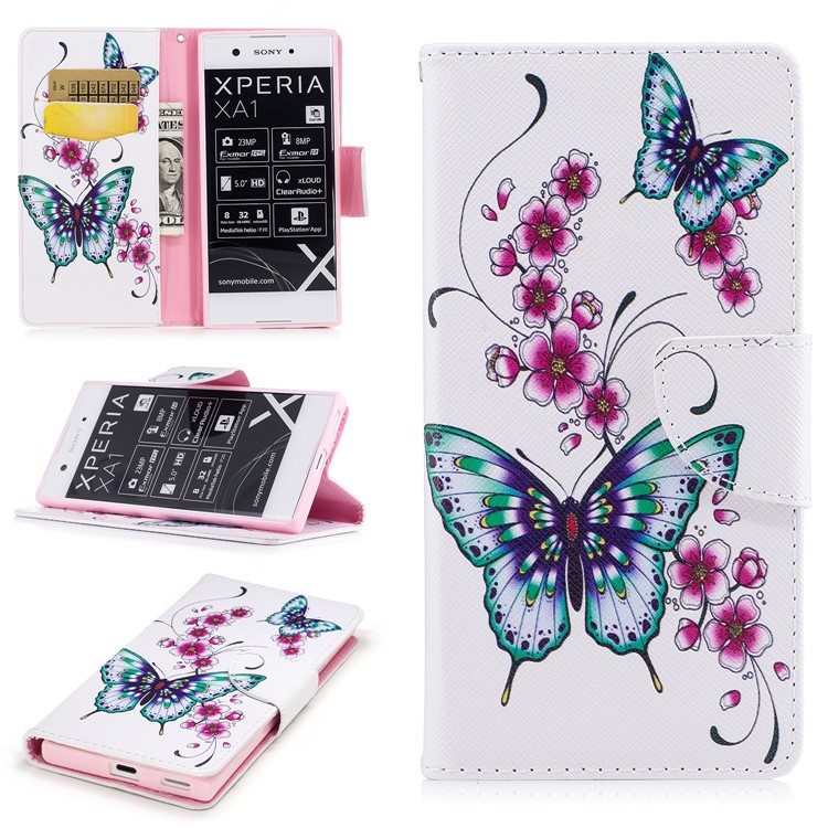 Pattern Printing Magnetic Leather Wallet Phone Cover with Stand for Sony Xperia XA1 - Butterfly Flower
