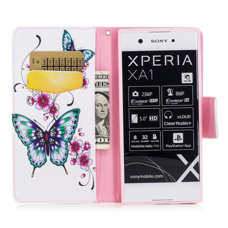 Impression des motifs Portefeuille en cuir magnétique Housse de téléphone avec support pour Sony Xperia XA1 - papillon fleurir-8