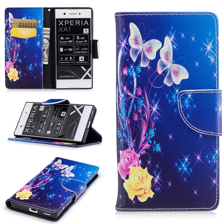 Pattern Printing Magnetic Stand Leder Geldbörse Telefon Gehäuse für Sony Xperia XA1 - Zwei Schmetterlinge und Blumen-1