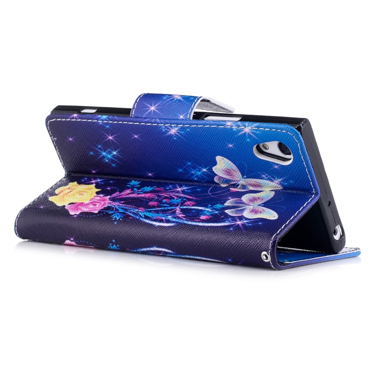 Pattern Printing Magnetic Stand Leder Geldbörse Telefon Gehäuse für Sony Xperia XA1 - Zwei Schmetterlinge und Blumen-4