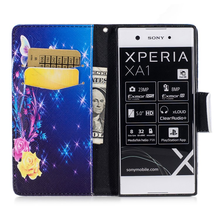 Pattern Printing Magnetic Stand Leder Geldbörse Telefon Gehäuse für Sony Xperia XA1 - Zwei Schmetterlinge und Blumen-8