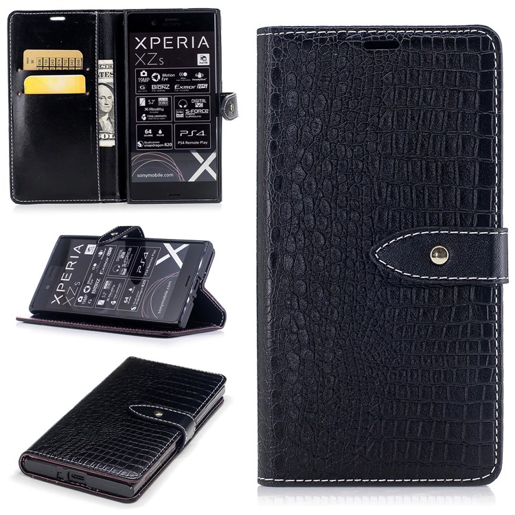 For Sony Xperia XZs / XZ Crocodile Texture Leather Flip Case Cover with Stand - Black-1