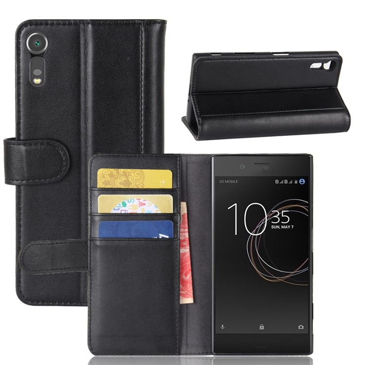 Genuine Split Leather Wallet Protection Cell Phone Case for Sony Xperia XZs / XZ - Black-1