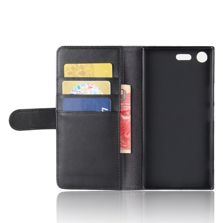Genuine Split Leather Wallet Flip Stand Phone Casing for Sony Xperia XZ Premium - Black-4