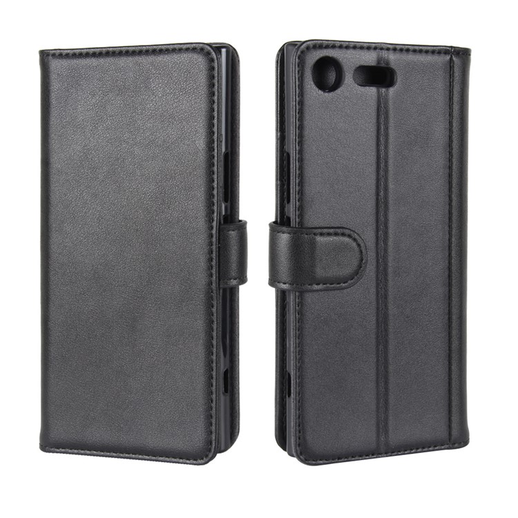 Genuine Split Leather Wallet Flip Stand Phone Casing for Sony Xperia XZ Premium - Black-8