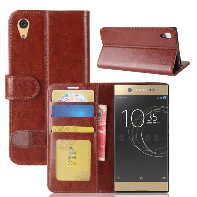 Crazy Horse Wallet Stand PU Leather Mobile Phone Case Accessory for Sony Xperia XA1 - Brown-1
