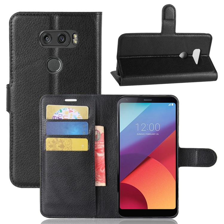 For LG V30 Litchi Skin PU Leather Wallet Stand Phone Shell - Black-1