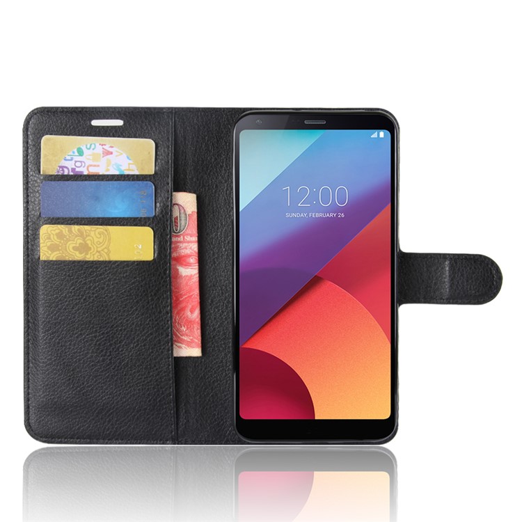 For LG V30 Litchi Skin PU Leather Wallet Stand Phone Shell - Black-4