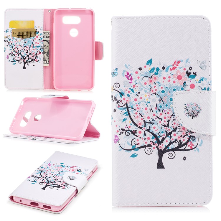 Patterned PU Leather Wallet Stand Protective Phone Shell for LG V30 - Tree with Colorful Flowers-1
