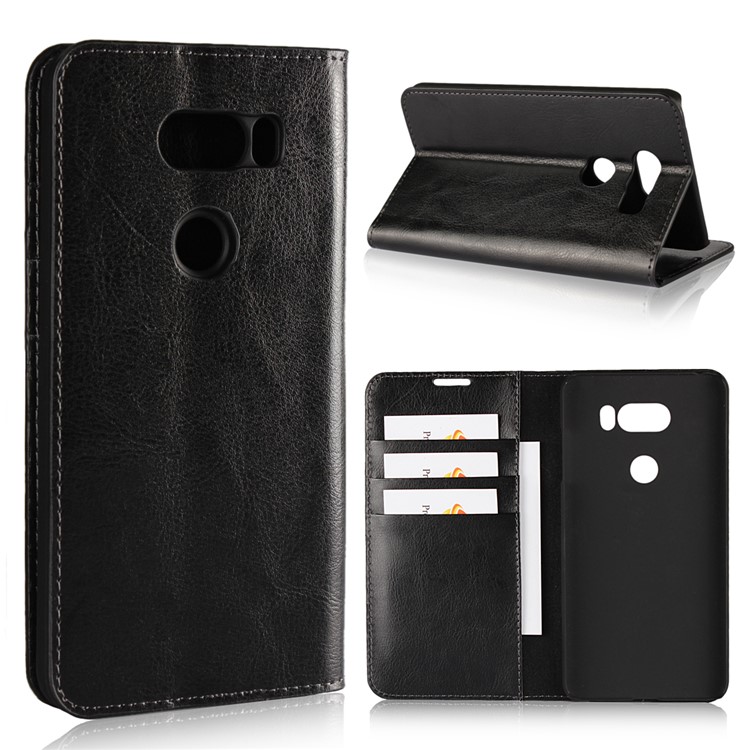 For LG V30 Crazy Horse Genuine Leather Wallet Casing with Stand - Black-1