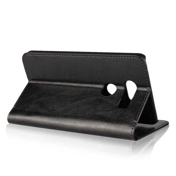 For LG V30 Crazy Horse Genuine Leather Wallet Casing with Stand - Black-4