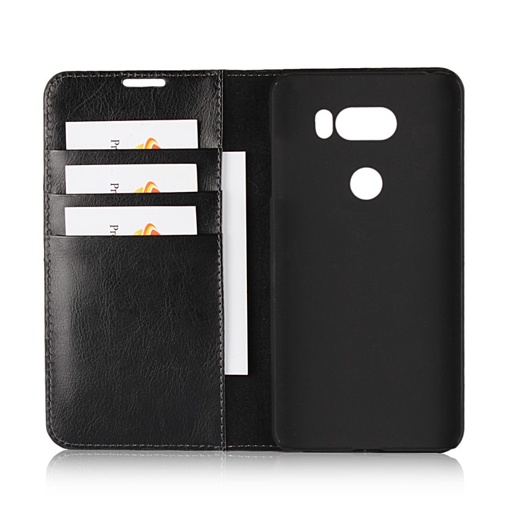 For LG V30 Crazy Horse Genuine Leather Wallet Casing with Stand - Black-5