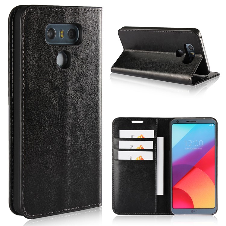 Crazy Horse Texture Wallet Stand Genuine Leather Case for LG G6 - Black-1