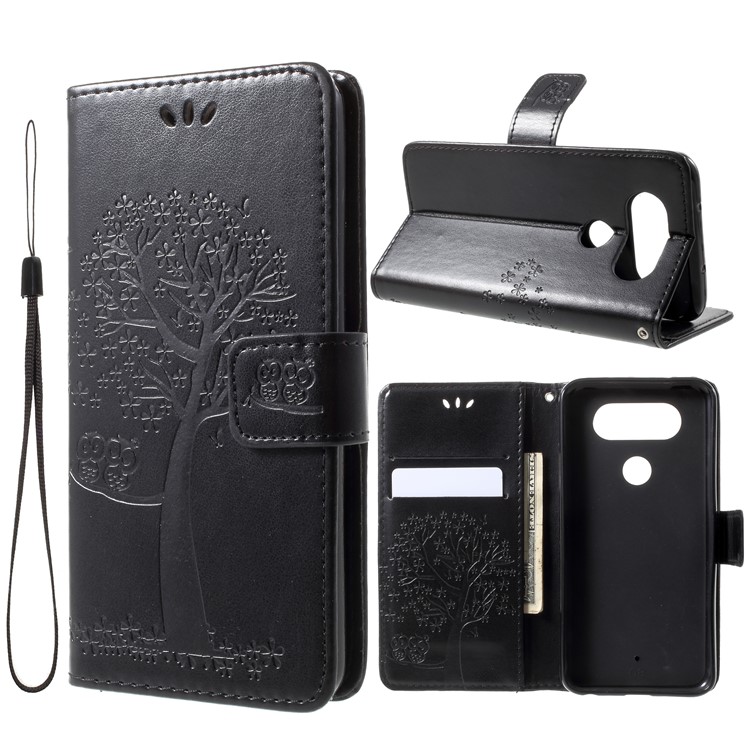 Imprint Owls and Tree Wallet Stand Leather Case with Strap for LG Q8 - Black-1