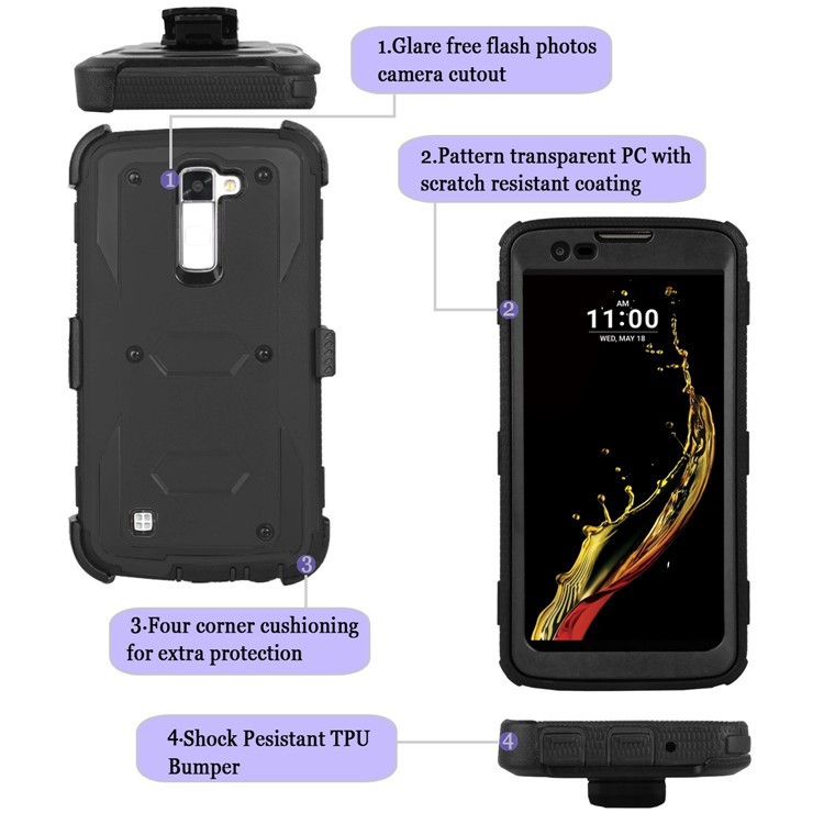 Heavy Duty Rugged PC TPU Hybrid Belt Clip Kickstand Case for LG K10 (2016) - Black-4