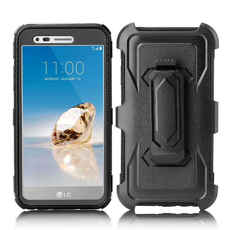 Heavy Duty Rugged PC TPU Hybrid Belt Clip Kickstand Case for LG Aristo MS210 (LV3) US Version / K8 (2017) - Black-4
