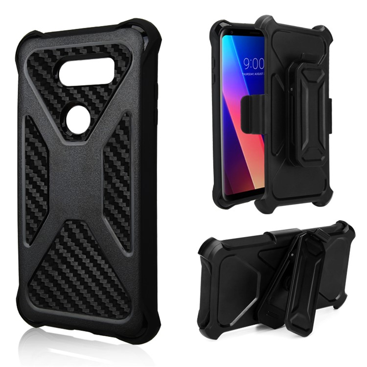 Heavy Duty Kickstand Belt Clip Carbon Fiber Texture PC + TPU Hybrid Case for LG V30 / V30+ - Black-1