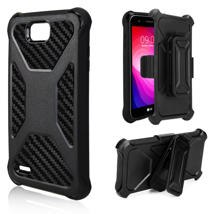 For LG X power2 / V7 Heavy Duty Belt Clip Carbon Fiber Texture PC + TPU Hybrid Kickstand Case - Black-1