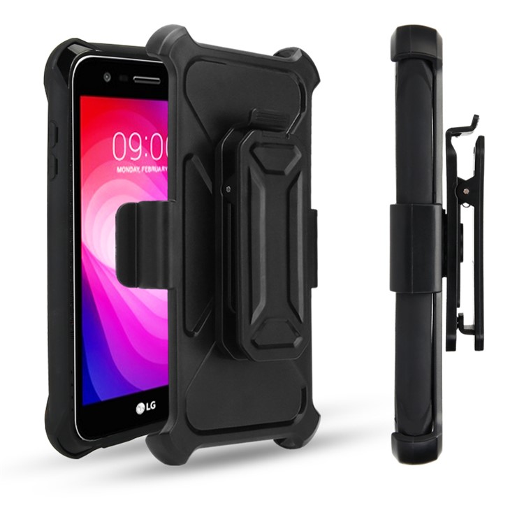 For LG X power2 / V7 Heavy Duty Belt Clip Carbon Fiber Texture PC + TPU Hybrid Kickstand Case - Black-2