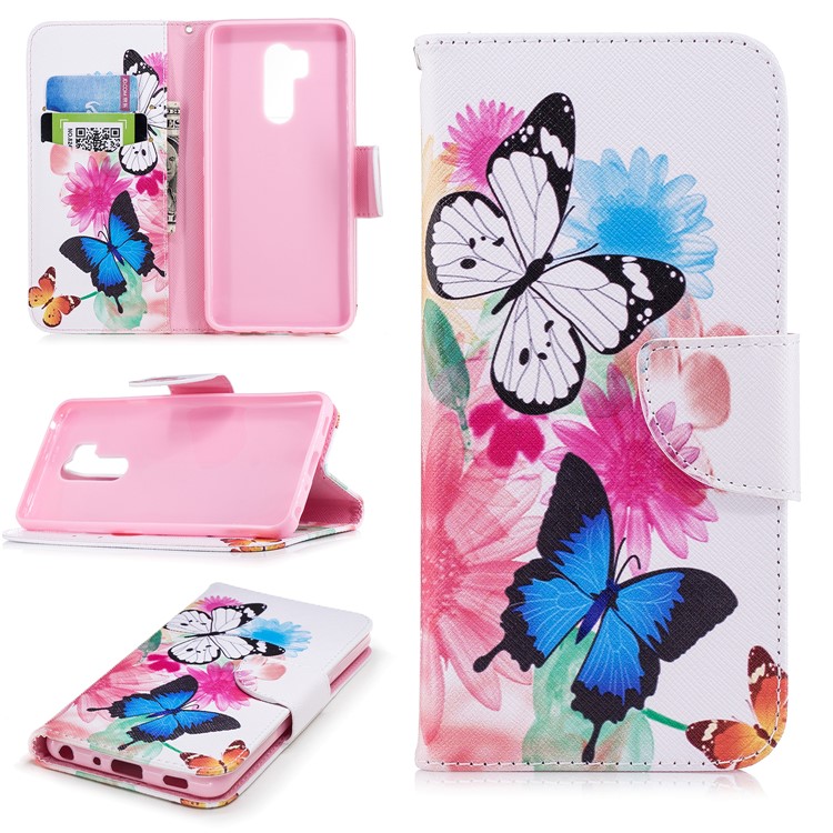 Pattern Printing PU Leather Wallet Stand Cover Case for LG G7 - Butterflies and Flowers-1
