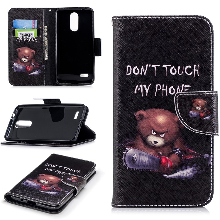 Patrón De Impresión De La Caja De La Cartera De Cuero Del Teléfono Celular Para LG K8 (2018) - Oso Pardo Y Palabras De Advertencia-1