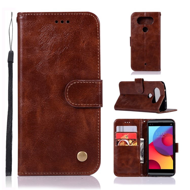 For LG Q8 Premium Vintage Leather Wallet Stand Magneetic Case - Coffee-1