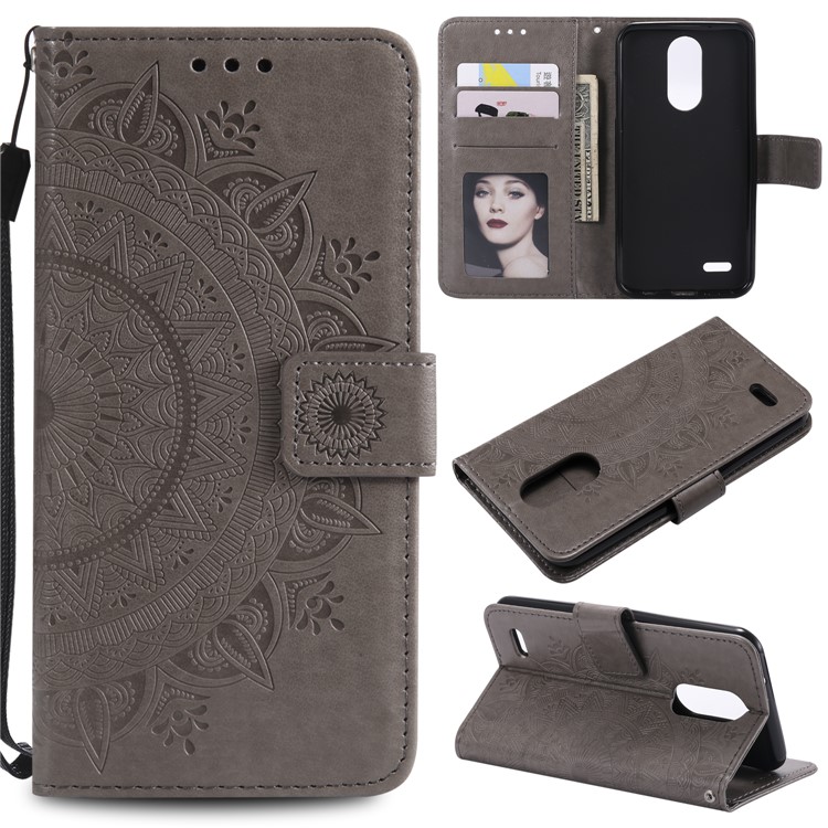 Imprint Mandala Flower Stand Wallet Leather Case for LG K7 (2016) X210 (Europe) - Grey-1