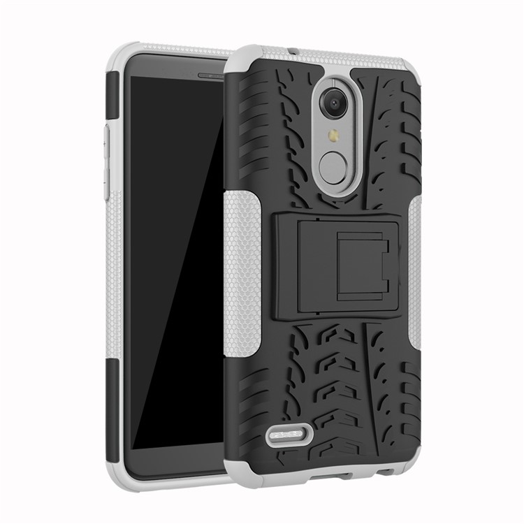 Anti-slip Tyre Pattern PC + TPU Hybrid Cover with Kickstand for LG K10 (2018) - White-1