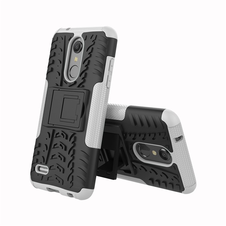 Anti-slip Tyre Pattern PC + TPU Hybrid Cover with Kickstand for LG K10 (2018) - White-2