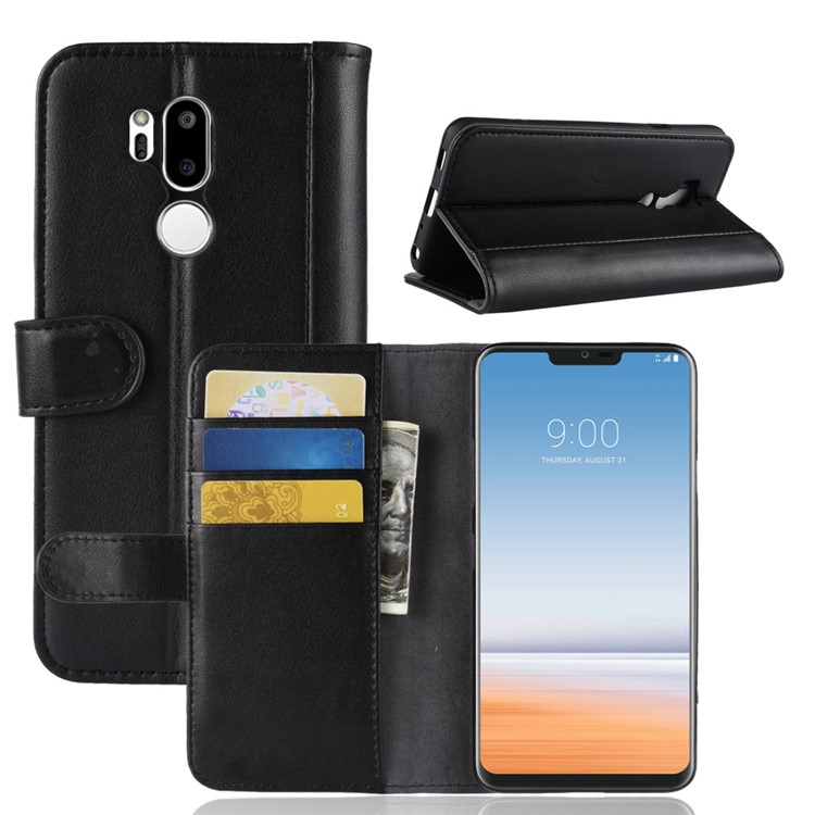 Genuine Split Leather Wallet Stand Phone Case with Card Holders for LG G7 ThinQ - Black-1