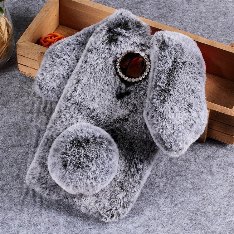 Rabbit Shape Fluffy Fur Coated TPU Protective Accessory Phone Shell with Rhinestone Decor for LG G7 ThinQ - Dark Grey-2