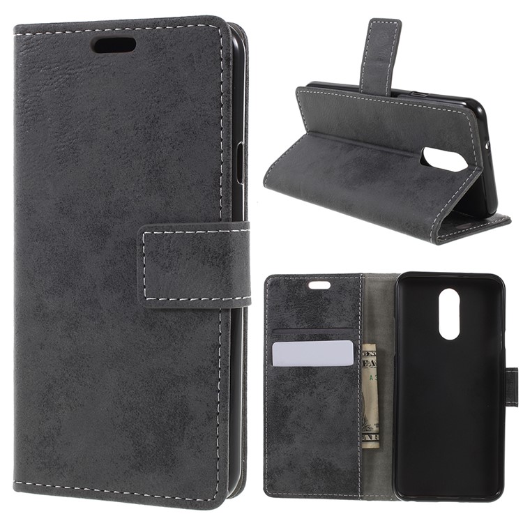 Vintage Style Leather Wallet Case for LG Q7 - Grey-1