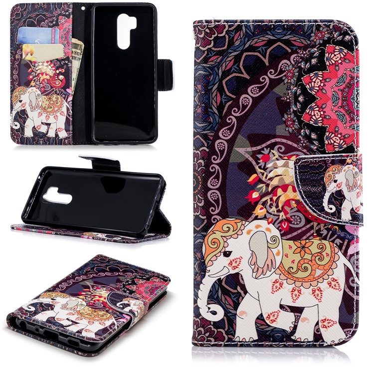 Pattern Printing Stand Leather Case with Card Slots for LG G7 ThinQ - Elephant and Peacock-1