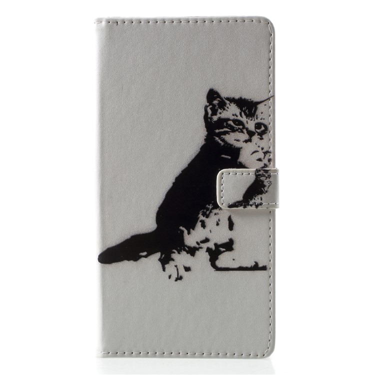 Pattern Printing Leather Stand Case with Card Slots for LG G7 ThinQ - Black and White Cat-1