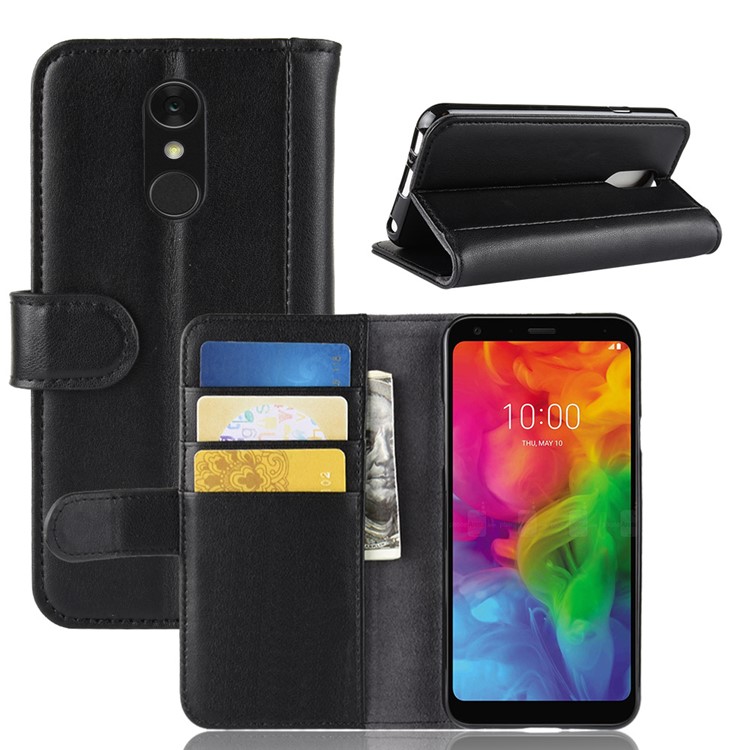 For LG Q7 Genuine Split Leather Wallet Stand Phone Cover - Black-1