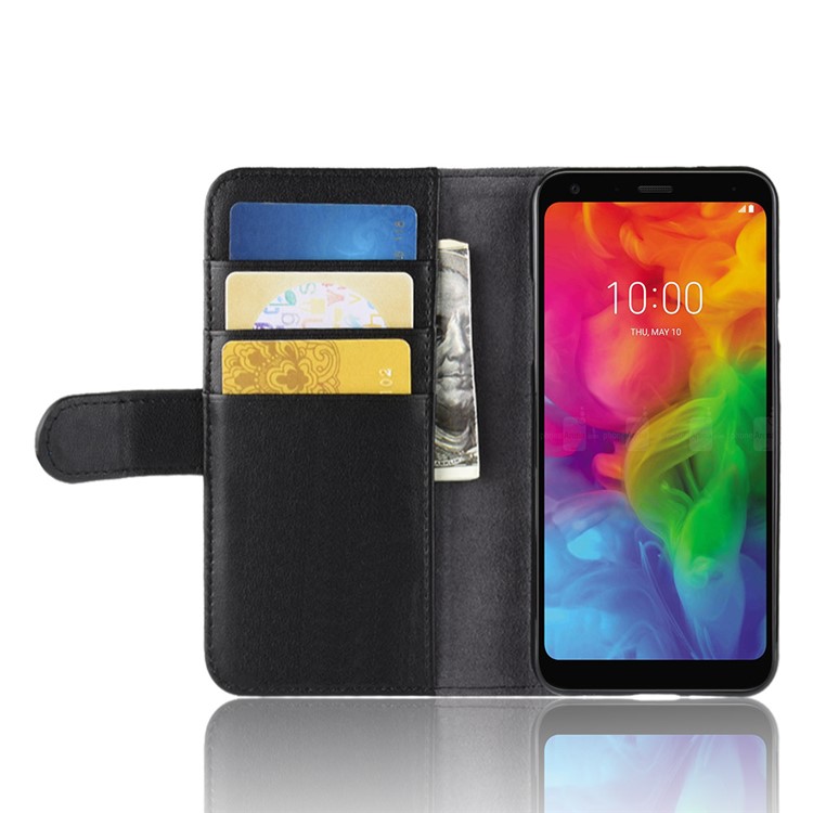 For LG Q7 Genuine Split Leather Wallet Stand Phone Cover - Black-6