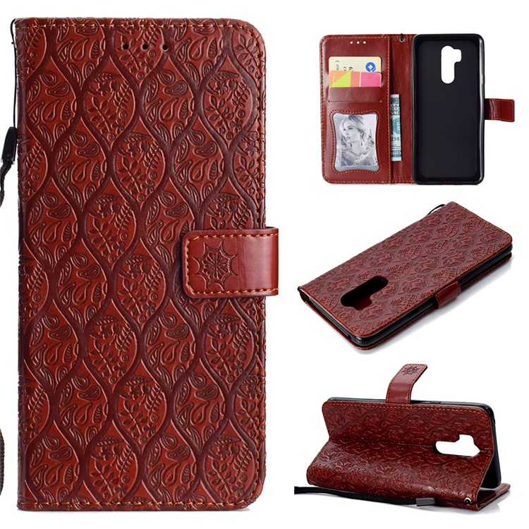 Imprint Leaf Leather Wallet Stand Phone Accessory Case for LG G7 ThinQ - Brown-1