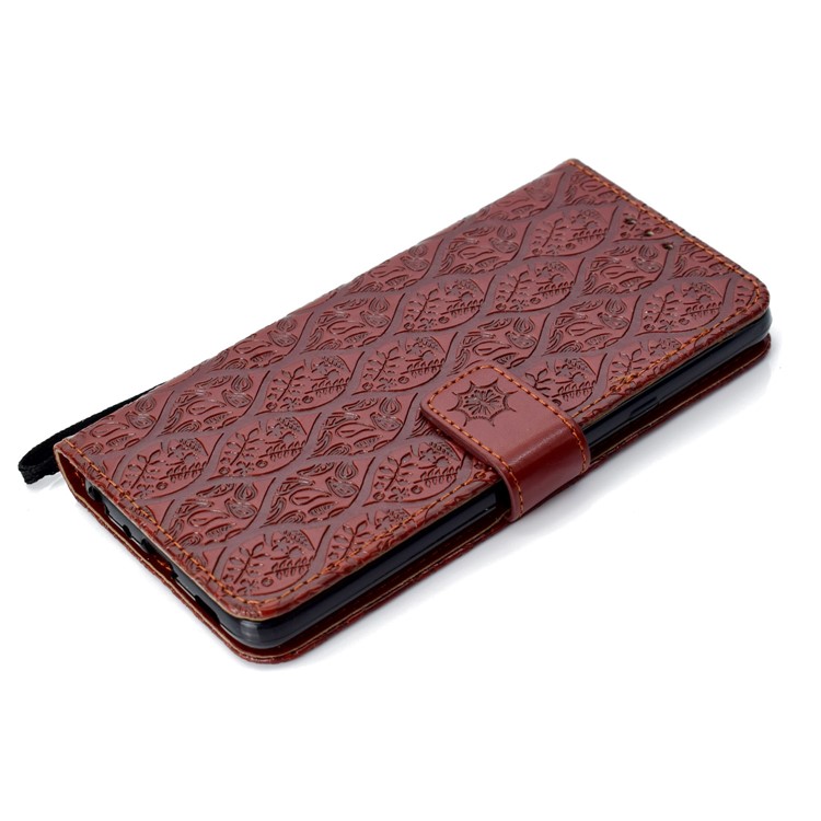 Imprint Leaf Leather Wallet Stand Phone Accessory Case for LG G7 ThinQ - Brown-7