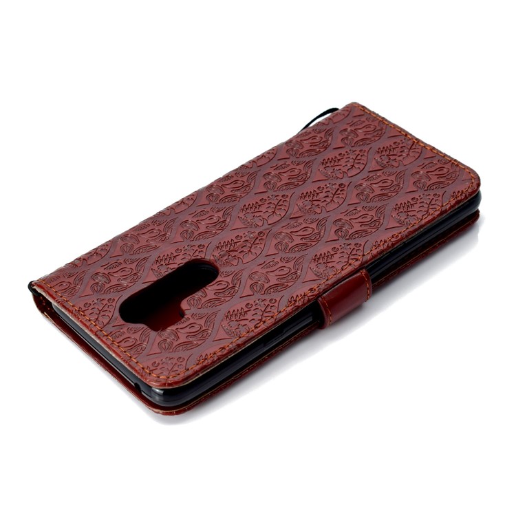 Imprint Leaf Leather Wallet Stand Phone Accessory Case for LG G7 ThinQ - Brown-8