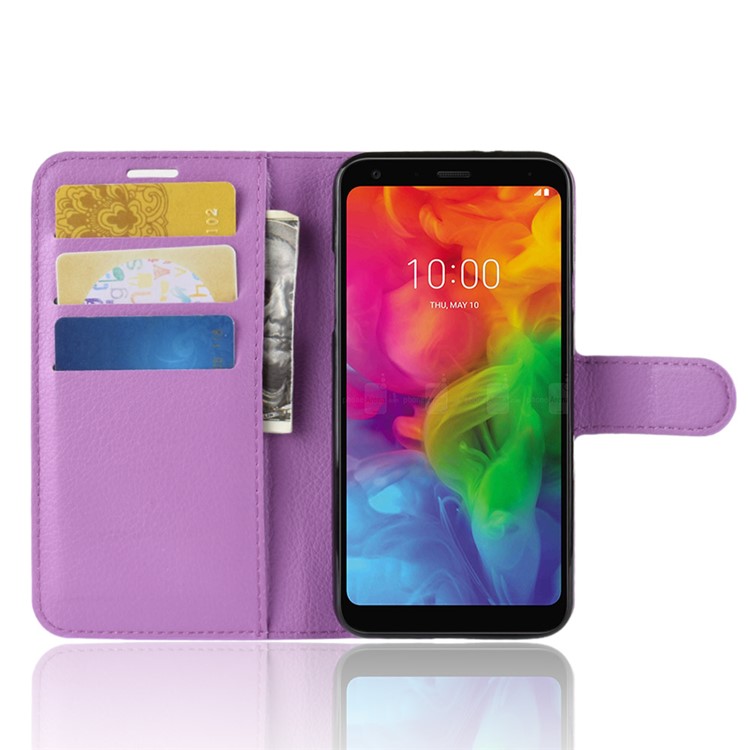 Litchi Skin Leather Stand Case with Card Slots for LG Q7 - Purple-4