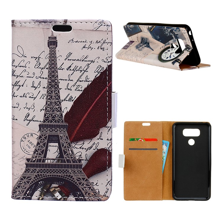 Pattern Printing Wallet Leather Stand Case for LG V40 ThinQ - Eiffel Tower and Characters-1