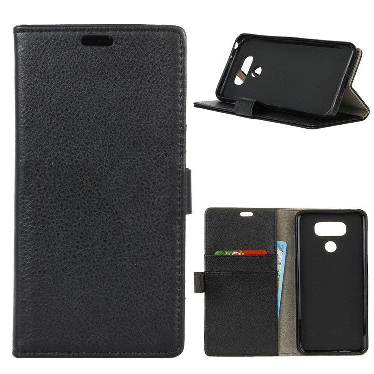 Litchi Skin Wallet Leather Stand Case for LG V40 ThinQ - Black-1