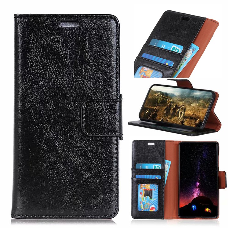 Textured Split Leather Wallet Case for LG G7 One - Black-1