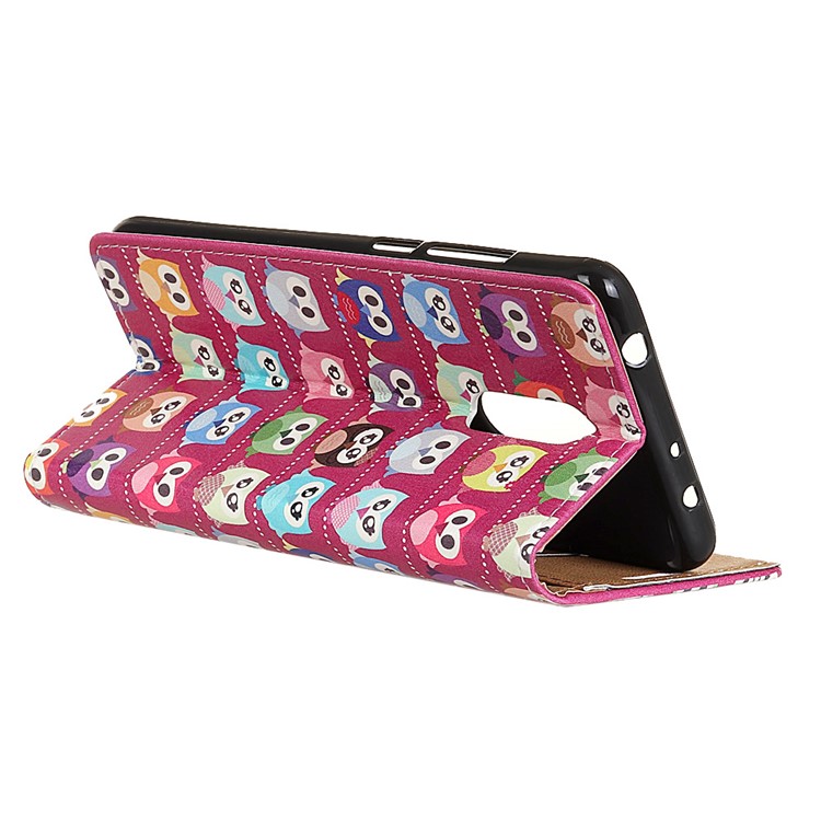 For LG G7 Fit Leather Phone Case / Pattern Printing Stand Wallet Cover - Red Background Owls-3