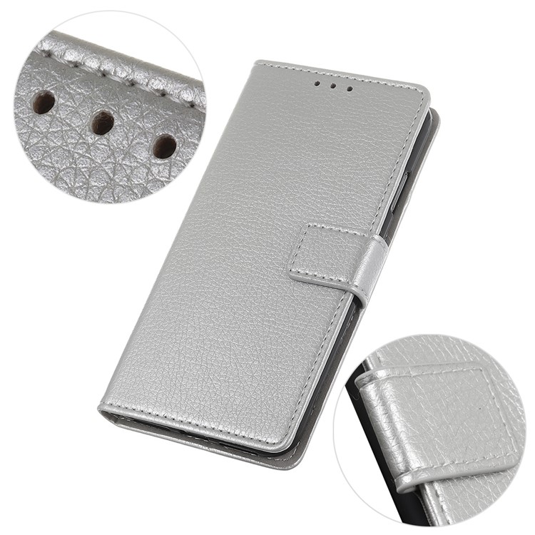 Litchi Skin Wallet Leather Stand Case for LG V50 ThinQ 5G - Silver-8